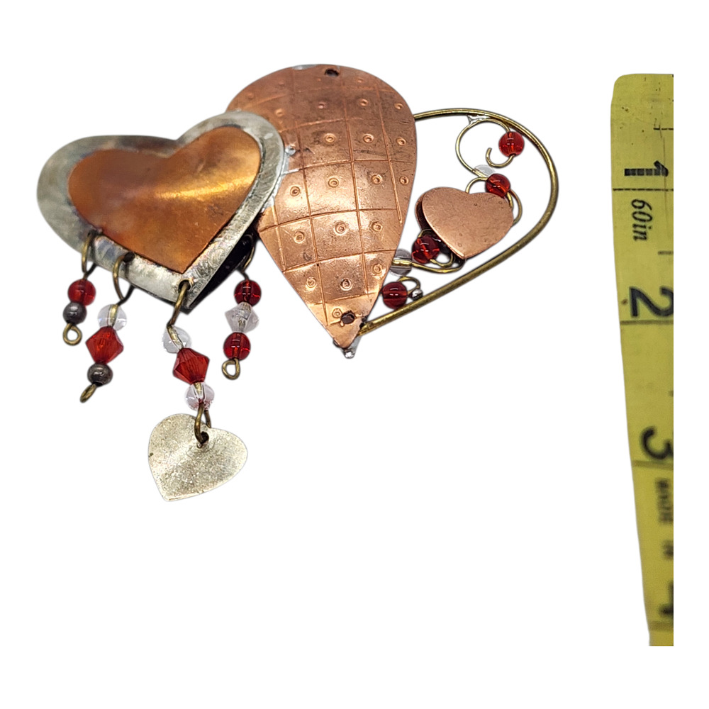 Vintage BIG Multi Puffy Heart Dangle Brooch Pin Red Beads Mixed Metal Handmade - Picture 4 of 6